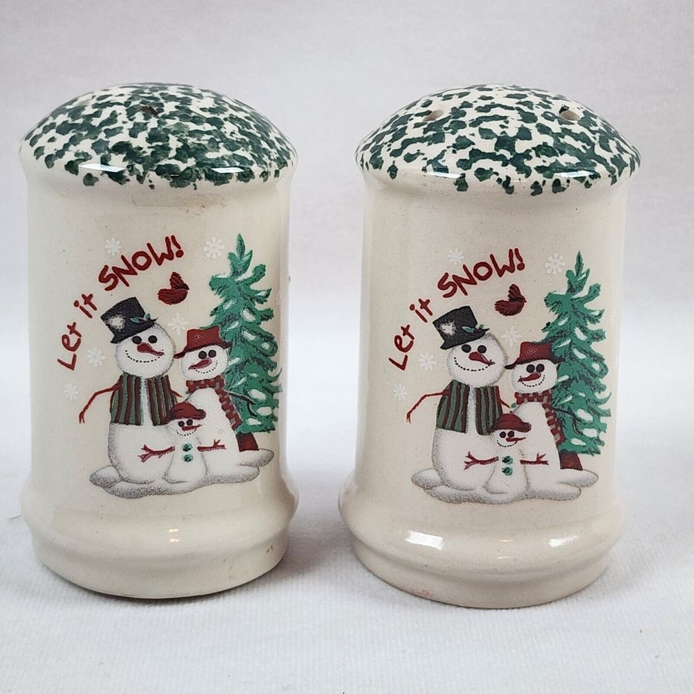 Vintage Atico "Let It Snow" Set of Salt/Pepper Shakers Snowmen‎ Family Christmas